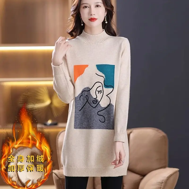 Women's 2024 Autumn/Winter New Loose Western Knitted Bottom Sweater with Thickened Velvet and Medium Length Design