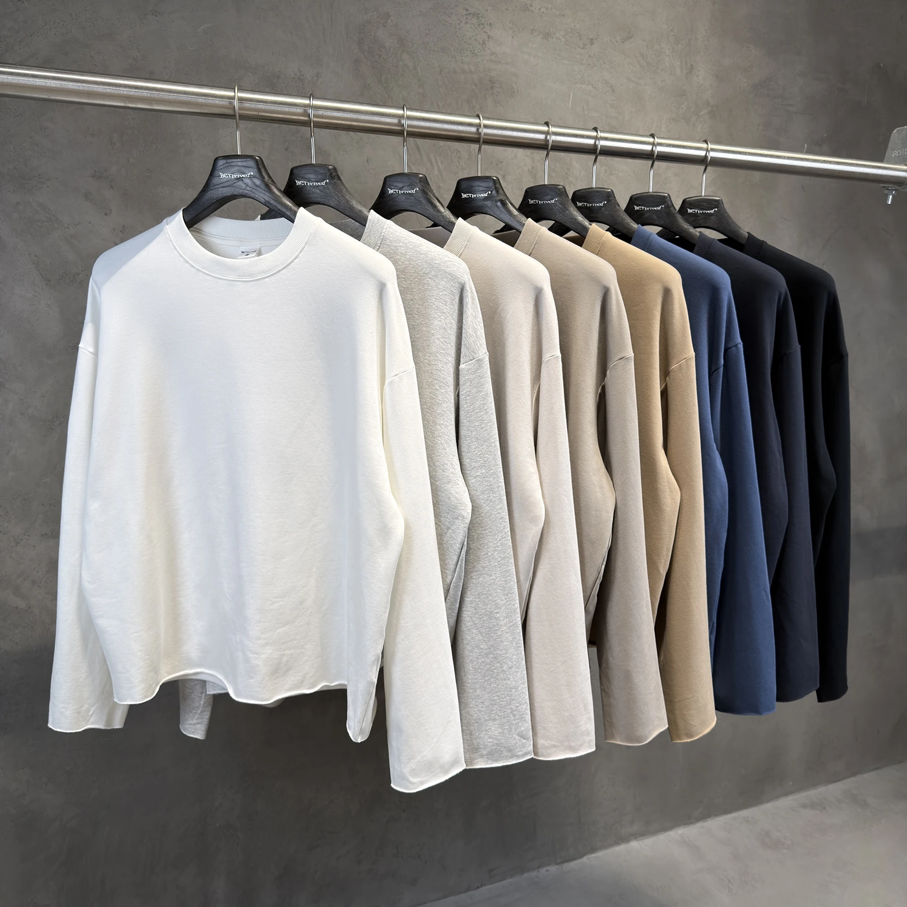 Oversized Curved Knife Sleeve T Shirt Men Cotton Modal Crewneck Tops Tee Casual Basic Autumn Winter Fleece Sweatshirts Pullovers