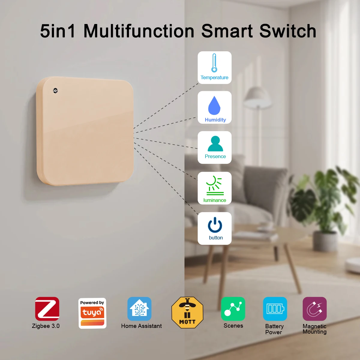 LINCUKOO Tuya Zigbee3.0 5in1 Smart Switch Button+Presence+luminance+Temperature+Humidity sensor for MQTT Home Assistant Battery