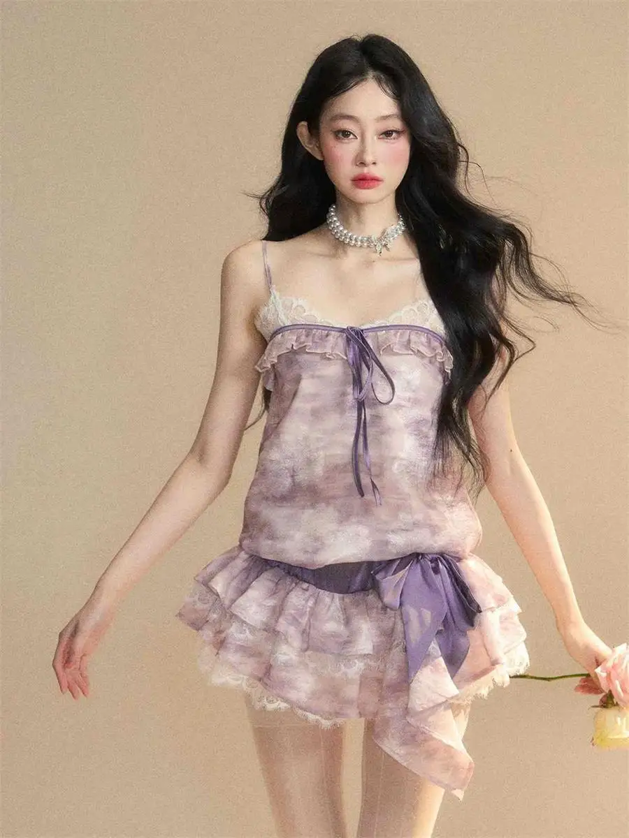 

French One-shoulder Purple Lace Strap Dress for Women, New Summer Style with Lace-up Cake Skirt
