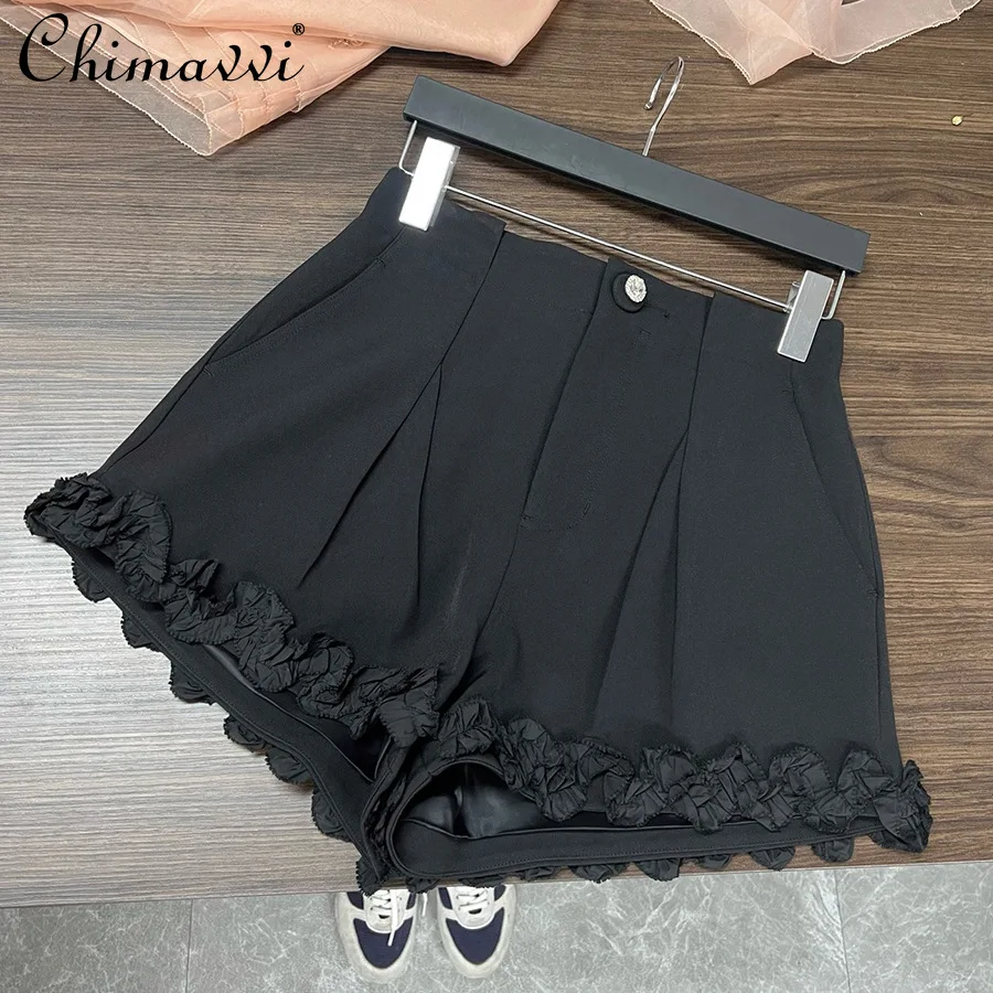 

2025 Summer New Black Slim-fit Flower Splicing Slim-fit Shorts Fashion High-end Temperament Commuting Sweet Girl Black Shorts