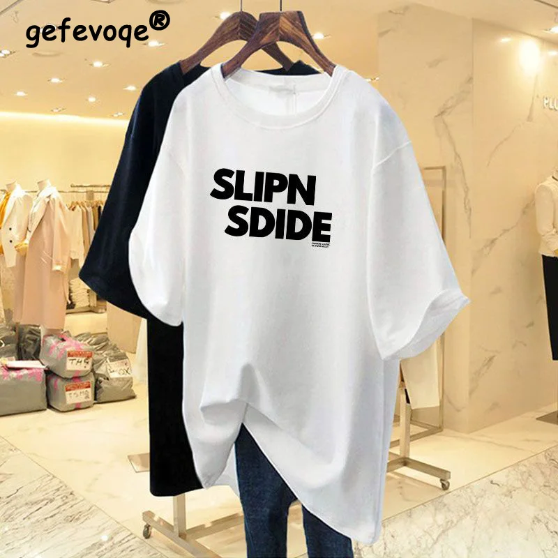 

Summer Clothes for Women Loose Design Feel Korean Letter Printing Half Sleeve T-Shirt 100% Cotton Round Neck Versatile White Top