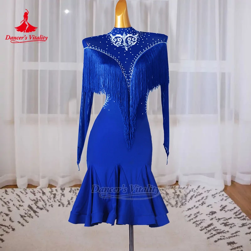 Half-high Neck Chacha Samba Rumba Tassel Wrapped Hips Dresses Customized Adult&Child Latin Perform Clothing Dancer's Vitality