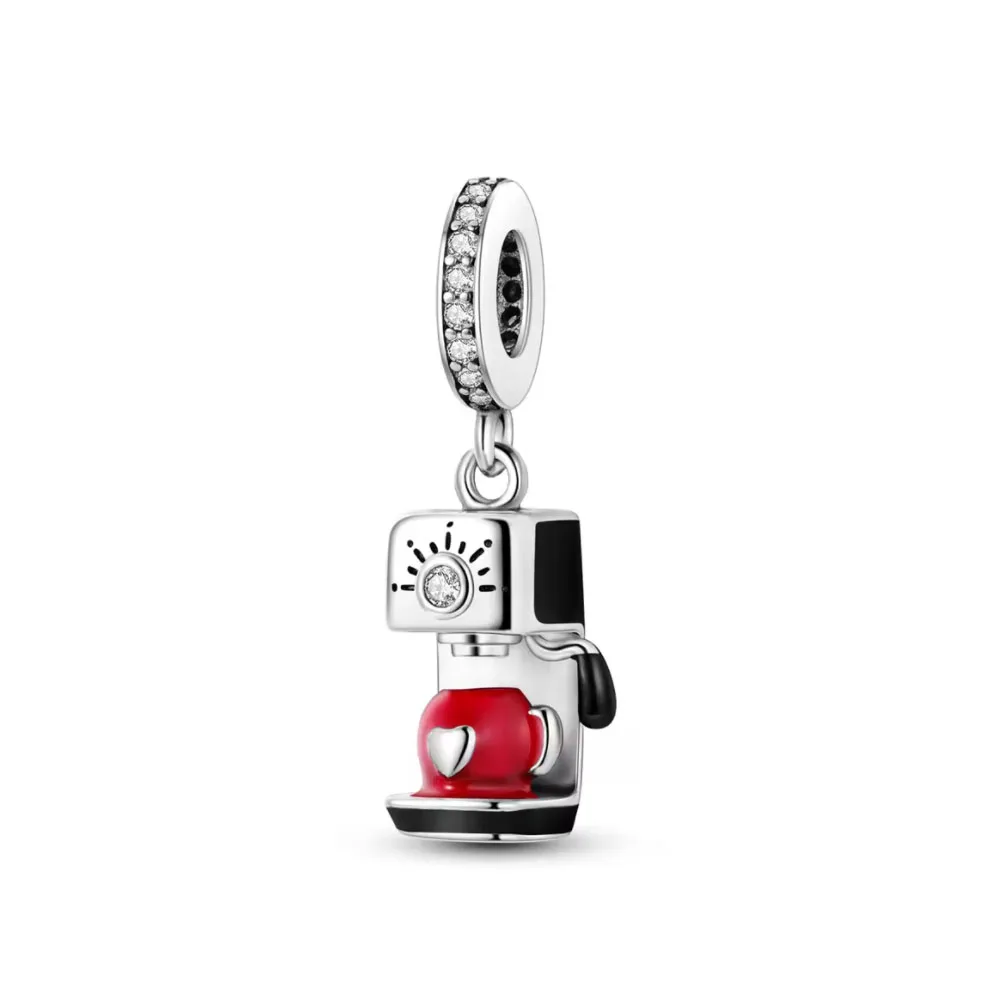 New 925 Silver Fine Coffee Cup Pendant Fit Original Bracelet Diy Jewelry Women Wine Glass bottle drink Charm Red Heart Clip Bead