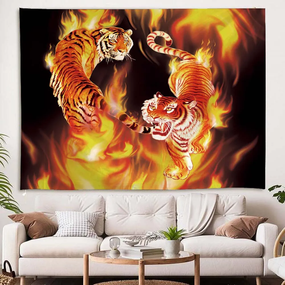 Psychedelic Flame Tiger Fabric Mural Tapestry Vibrant Living Room Sofa Wall Decor Beach Mat Picnic Bed Sheet Room Background