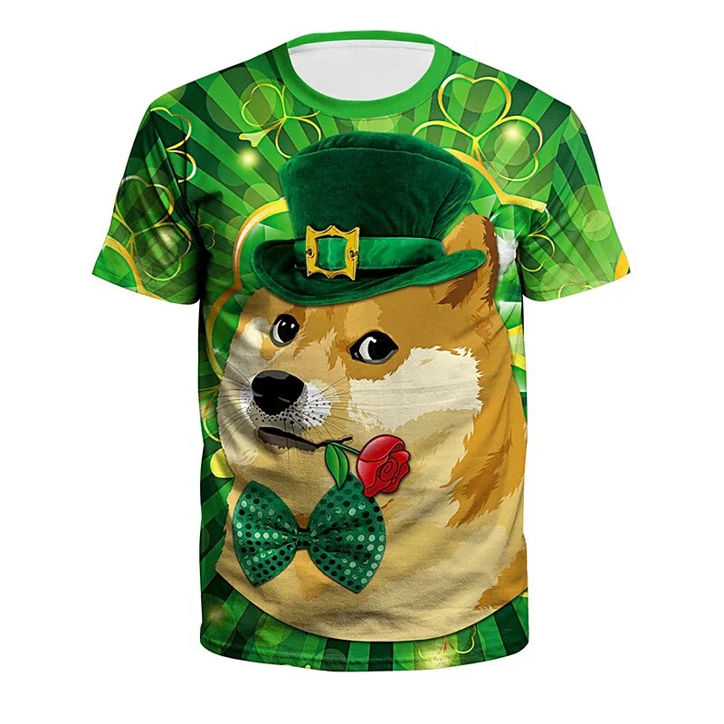 

New 3D Dogs Cats Printing T Shirt Green Clover Graphic T-shirts For Men Summer Hawaiian Short Sleeves Y2k Clothing Tee Shirt Top