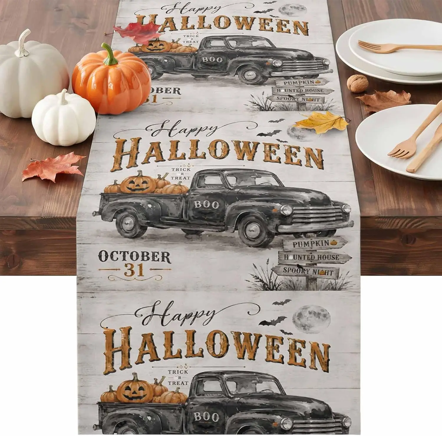 Halloween Vintage Truck Pumpkins Linen Table Runner Party Decor Washable Kitchen Dining Table Runner Halloween Decorations