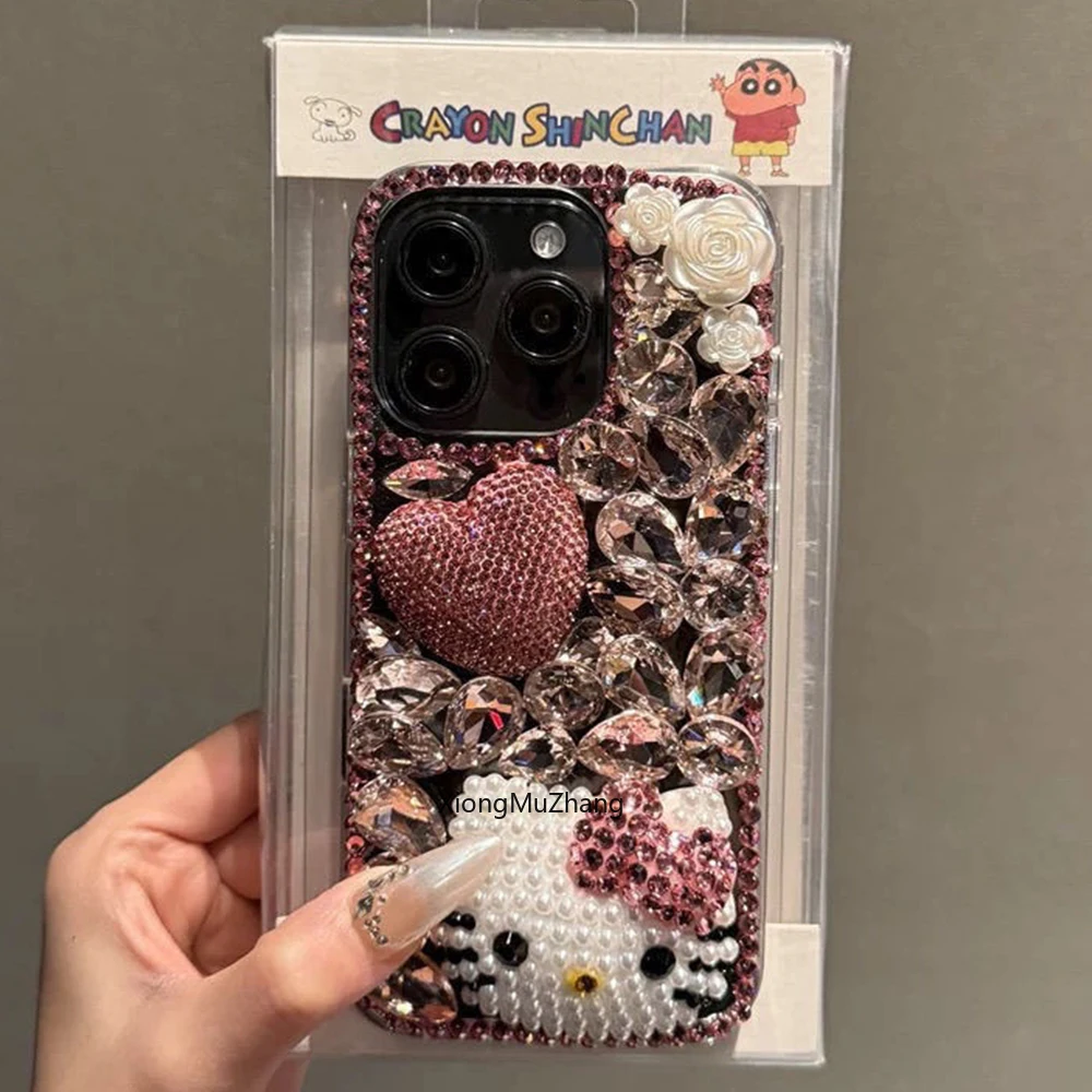 Błyszczące, trójwymiarowe etui Hello Kitty z różowymi diamentami i kokardką, idealne do iPhone 18, 17, 16, 15, 14 Mini, 12, 13, 11 Pro Max, Xs Max, w stylu Sanrio, dla dziewczynek. — zdjęcie produktu 2