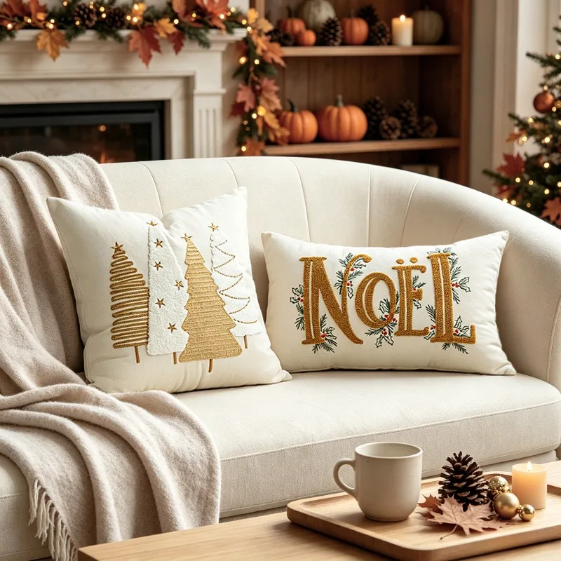 Christmas 3D Letter Embroidery Cushion Cover Canvas Holiday Party Pillowcase Festive Celebration Home Decor Throw Pillow Case