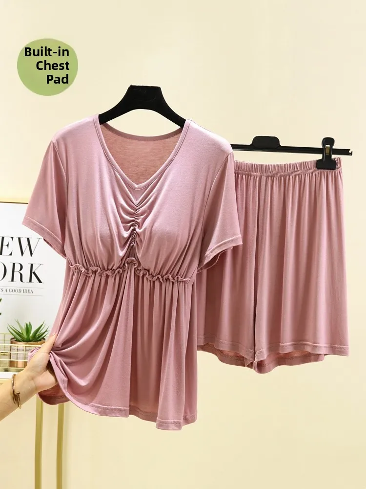 Modal Two-Piece Set with Chest Pad Short Sleeve Shorts Women's Sleepwear Summer Thin Can Be Worn outside Home Clothes Loose Set
