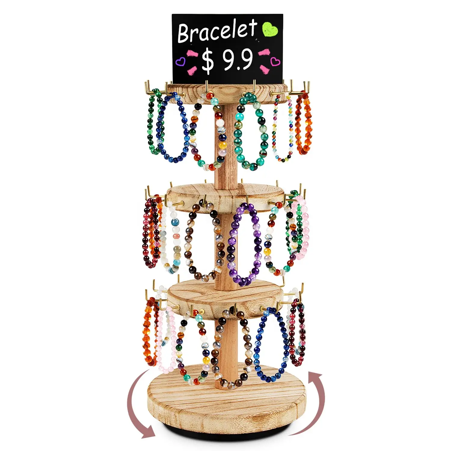 Commercial Display Rack 3 Tier Rotating Wooden Stand with 36 Hooks and Chalkboard Sign for Retail Boutique Craft Shows