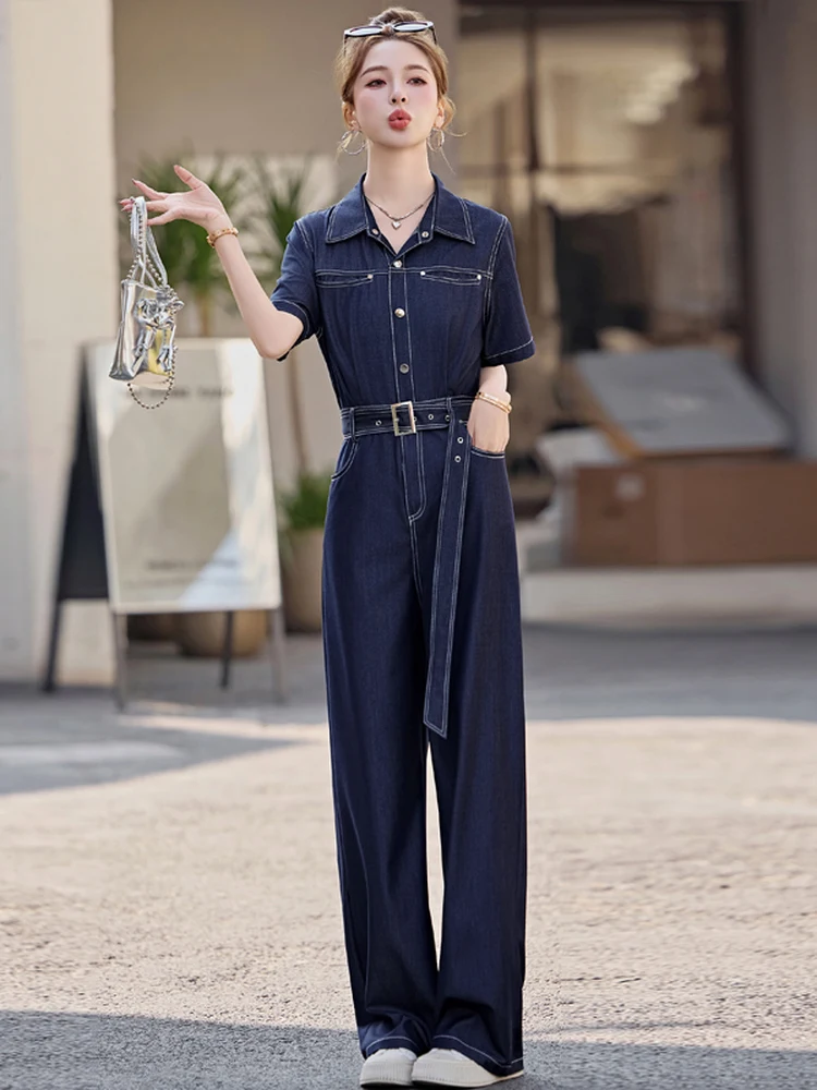 

Женский джинсовый комбинезон с высокой талией, летний модный комплект, стройнящий силуэт, повседневный, с эффектом потертости, широкие брюки, с карманами, износостойкий