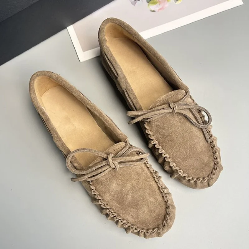 High Quality Women's Spring and Summer New Arrival Flat Folded Suede Slippers Slip-on Genuine Leather Loafers Bean Bean Shoe