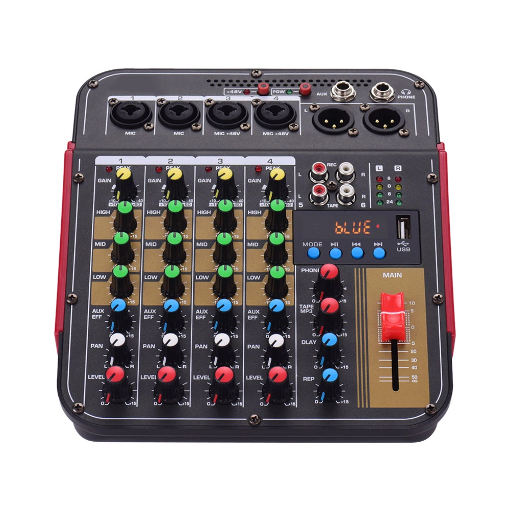 TM4 Digital 4-Channel Audio Mixer Mixing Console Built-in 48V Phantom Power with BT Function Professional Audio System