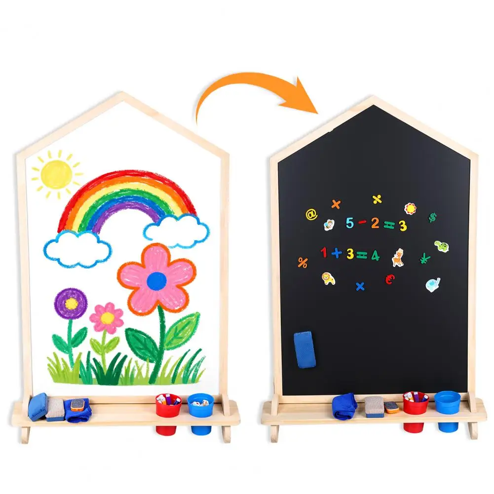 House-Shaped Double-Sided Drawing Board, Magnetic Whiteboard Chalkboard, Art Easel Doodle Board for Kids Toddlers Boys Girls