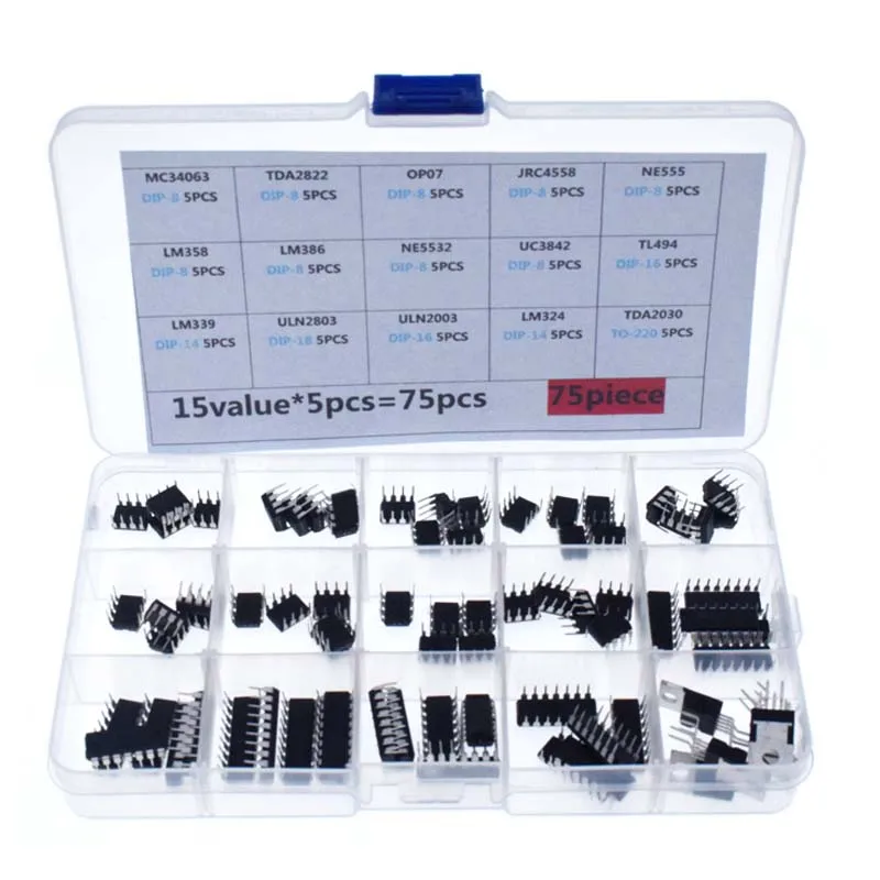75 قطعة 15 قيمة الدوائر المتكاملة DIP IC عدة LM358 ، LM386 ، TO-220 TDA2030 ، NE555 ، NE5532 ، LM339 ، ULN2003 ، ULN2803 ، UC3842 #1