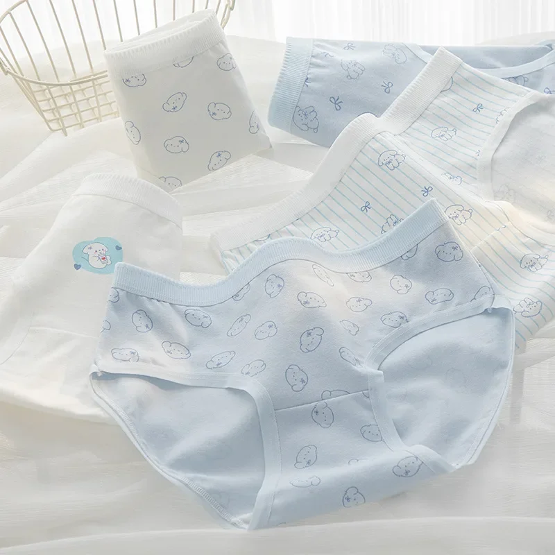 Blue Dog Patterned Cartoon Cute Underwear for Women Soft Cotton Breathable Student Panties Mid Waist Traceless Briefs Lingerie