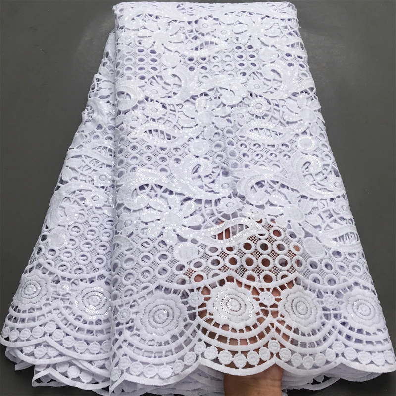 White Sequence Sequins Nigerian Cord Guipure Lace Fabric 2024 High Quality 5 Yards Water Soluble African Lace Fabric for Dress