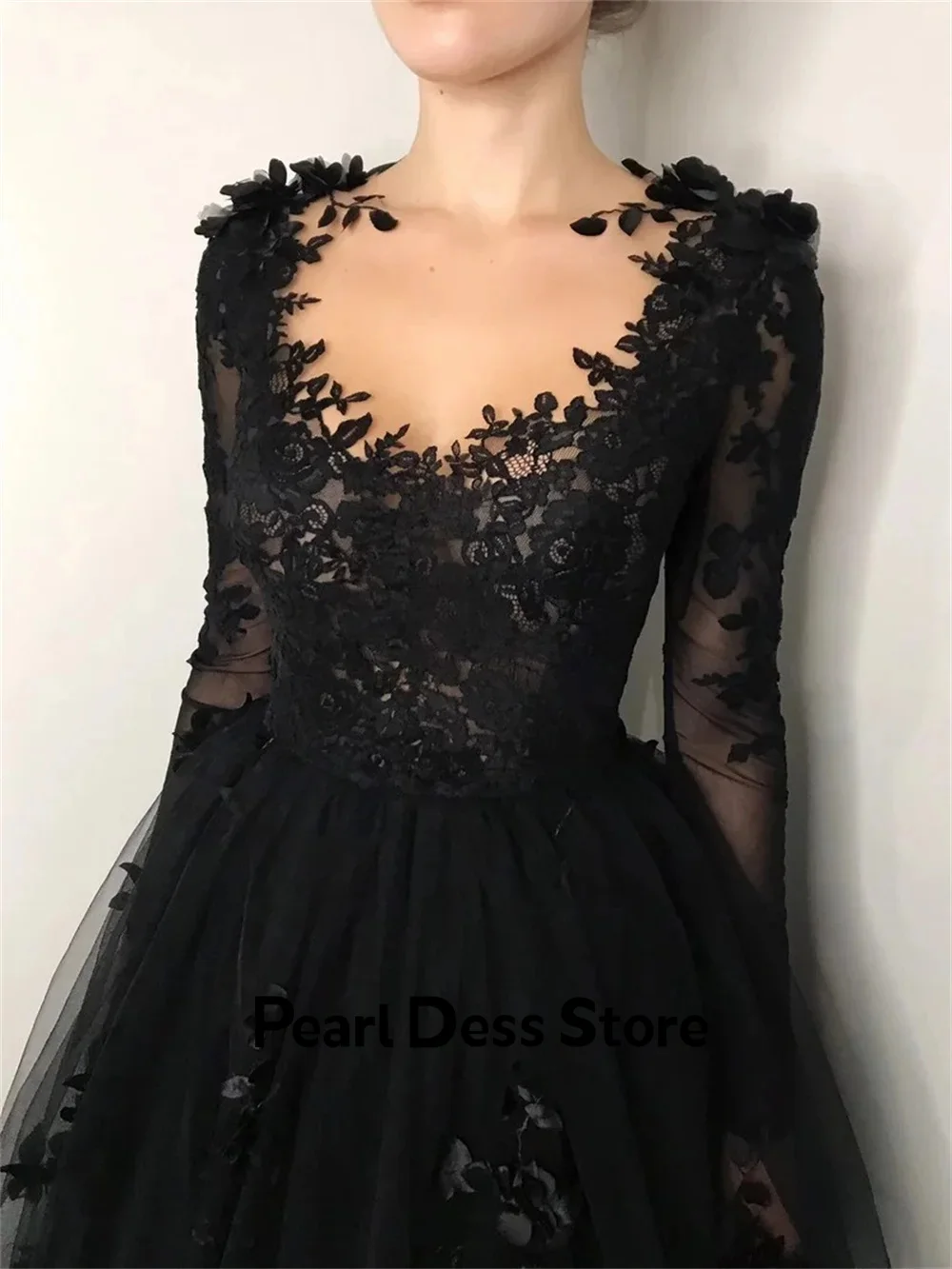 Pearl Gala Dresses Woman 2024 for Party Dress Lace Embroidered Long Sleeve A Line Sexy Black 3D Flowers Women Evening Dress Gown