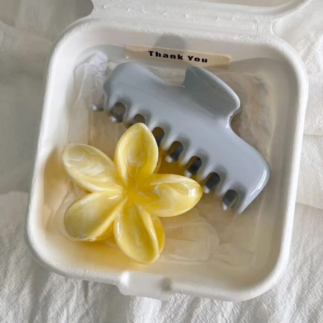 2pcs High Quality Yellow Flower Blue Rectangle Hair Clip Claw Elegant Large Thick Hair Back Head Shark Ponytail Clamp Headwear