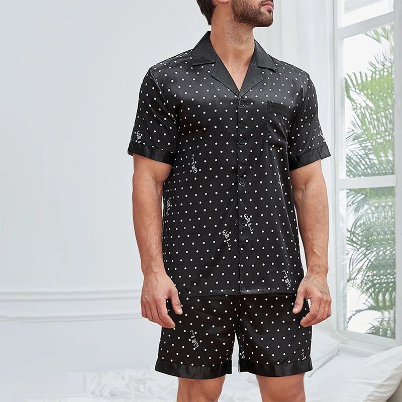 Set pigiama in raso di seta da uomo stampe manica corta con risvolto pigiameria Casual pigiama abbottonato set due pezzi Short set Loungewear