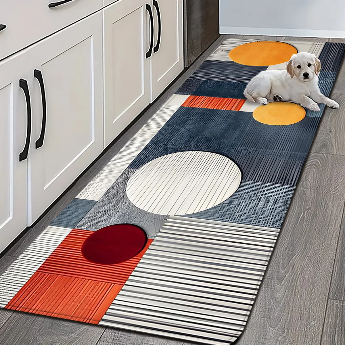 Modern Geometric Circle & Line Print Kitchen Mat, Non-Slip Washable Durable Runner Rug for Kitchen, Living Room & Contemporary