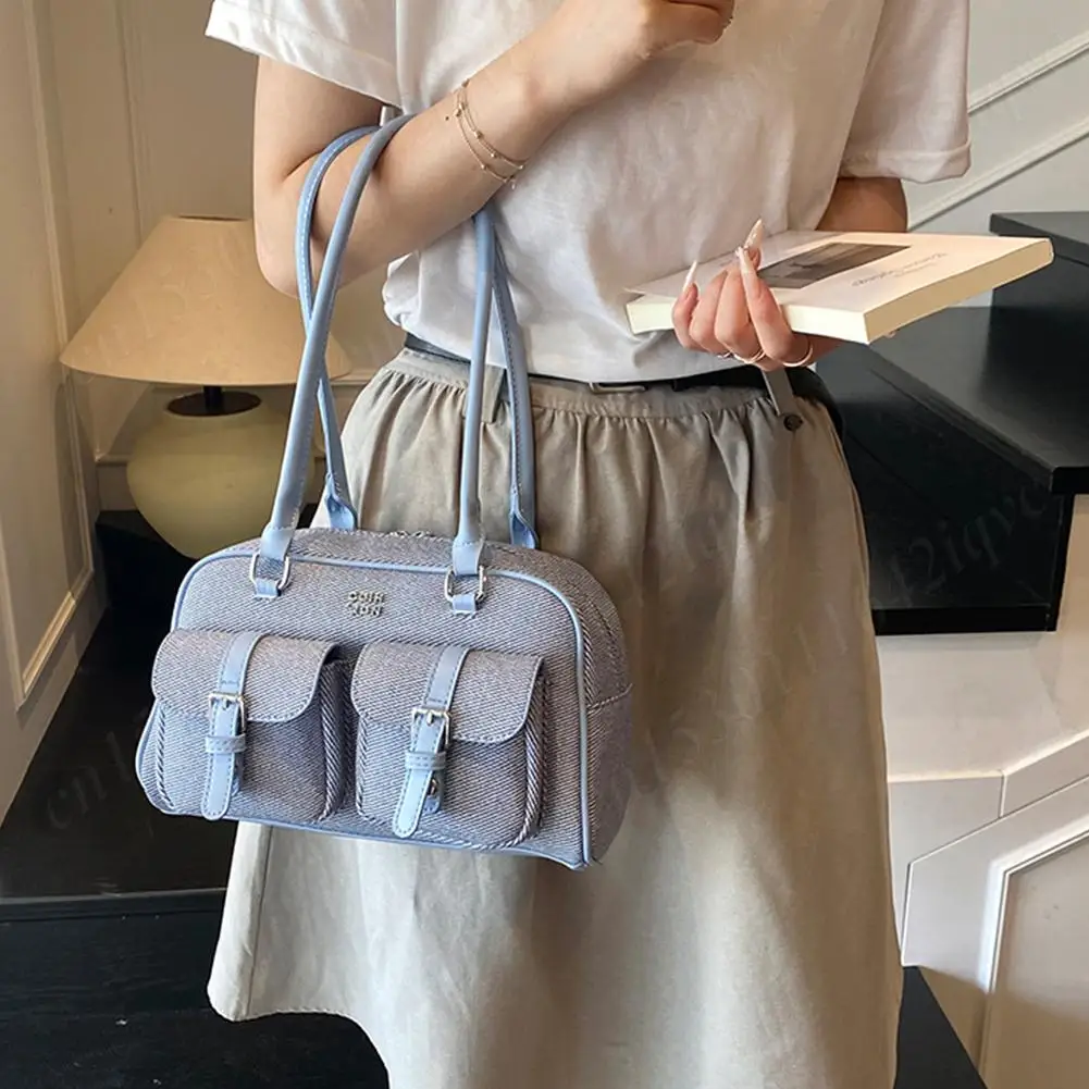 

Women Leather Shoulder Bag with Double Pockets Clutch Purses Tote Handbags Simple Large Capacity Underarm Pouch Boston Hobo Bag