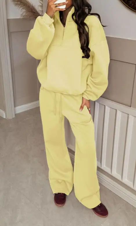 

Women's 2-Piece Set Autumn/winter Casual Style Solid Color Stand Collar Loose Top Low Waist Strap Straight Pants Set