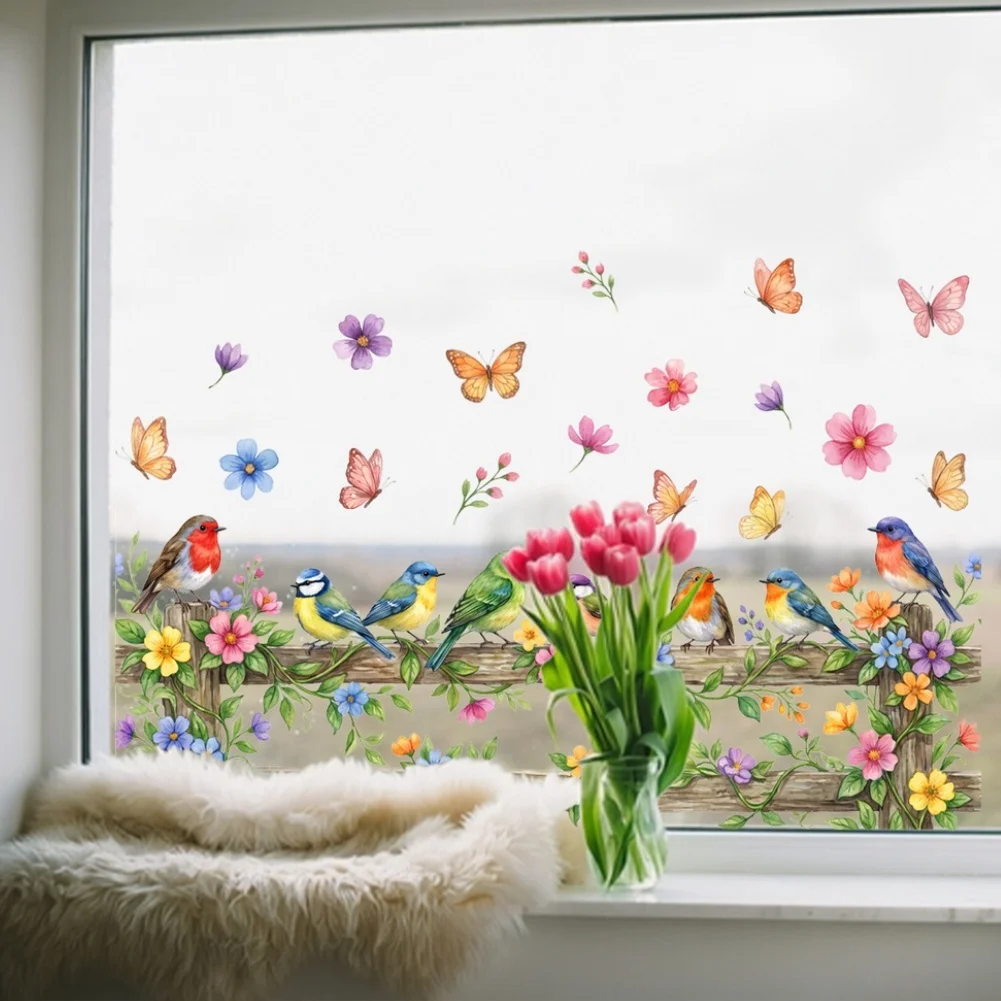 Glass Door Decal Bird Floral Sticker For Home Decoration Colorful Double-sided Visibility Modern Minimalist Style