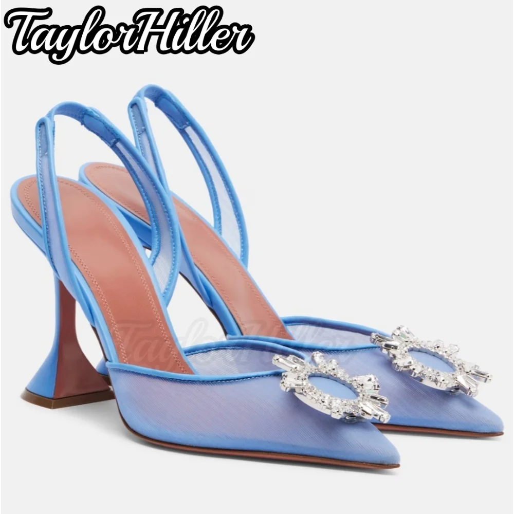 Silver Crystal Slingback Heeled Sandals Shallow Pointy Toe Blue Spike Heel High Heels Solid Mesh Spring Summer 2026 New Shoes
