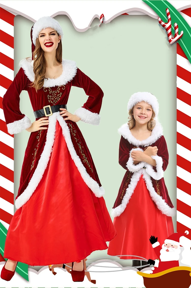 

Christmas Santa Claus Costume Role Play Adult Girls Parent-child Suit Furry Red Dress Round Neck New Year Clothes Party Clothing