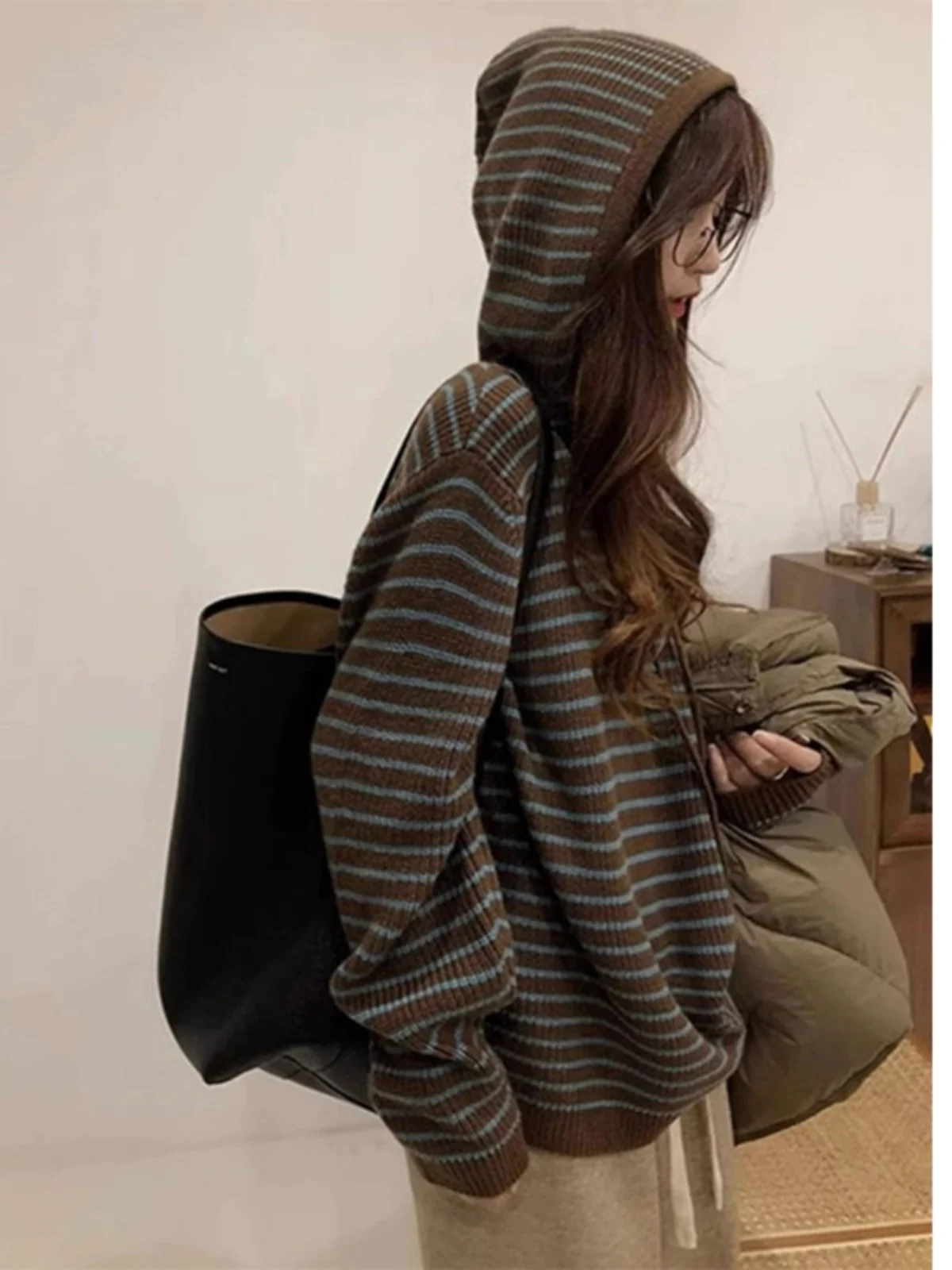 

Ladies' Knitted Woolen Sweater with Hat Autumn Winter Loose Fit Striped Color Colion Design Casual Outerwear Soft Polyester