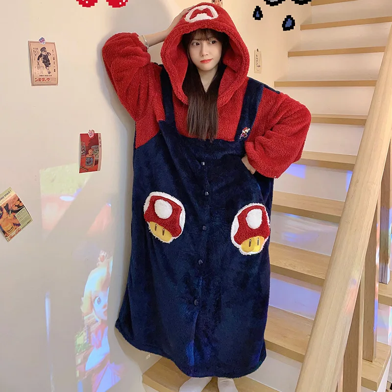 Super Marios Cosplay Flannel Pajamas for Women Thickening Winter Warm Sleepwear Hooded Jumpsuit Anime Kigurumi Onesies for Girls