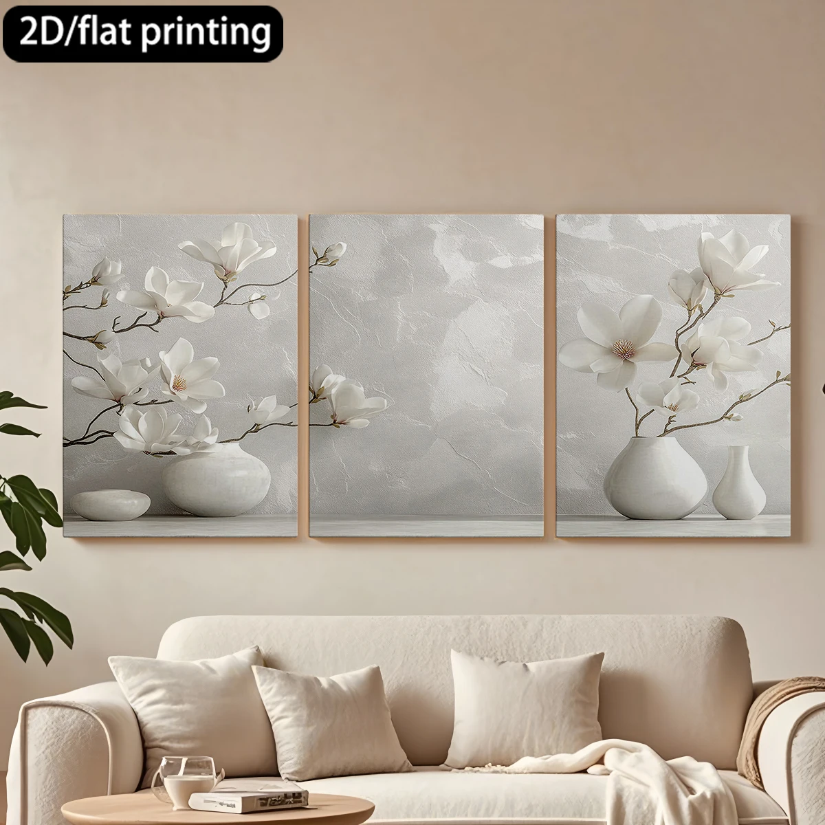 

2D плоская печать, 3-х частная декоративная картина на холсте в деревянной раме. Белые вазы с ветками магнолии. Декор для коридора и спальни.
