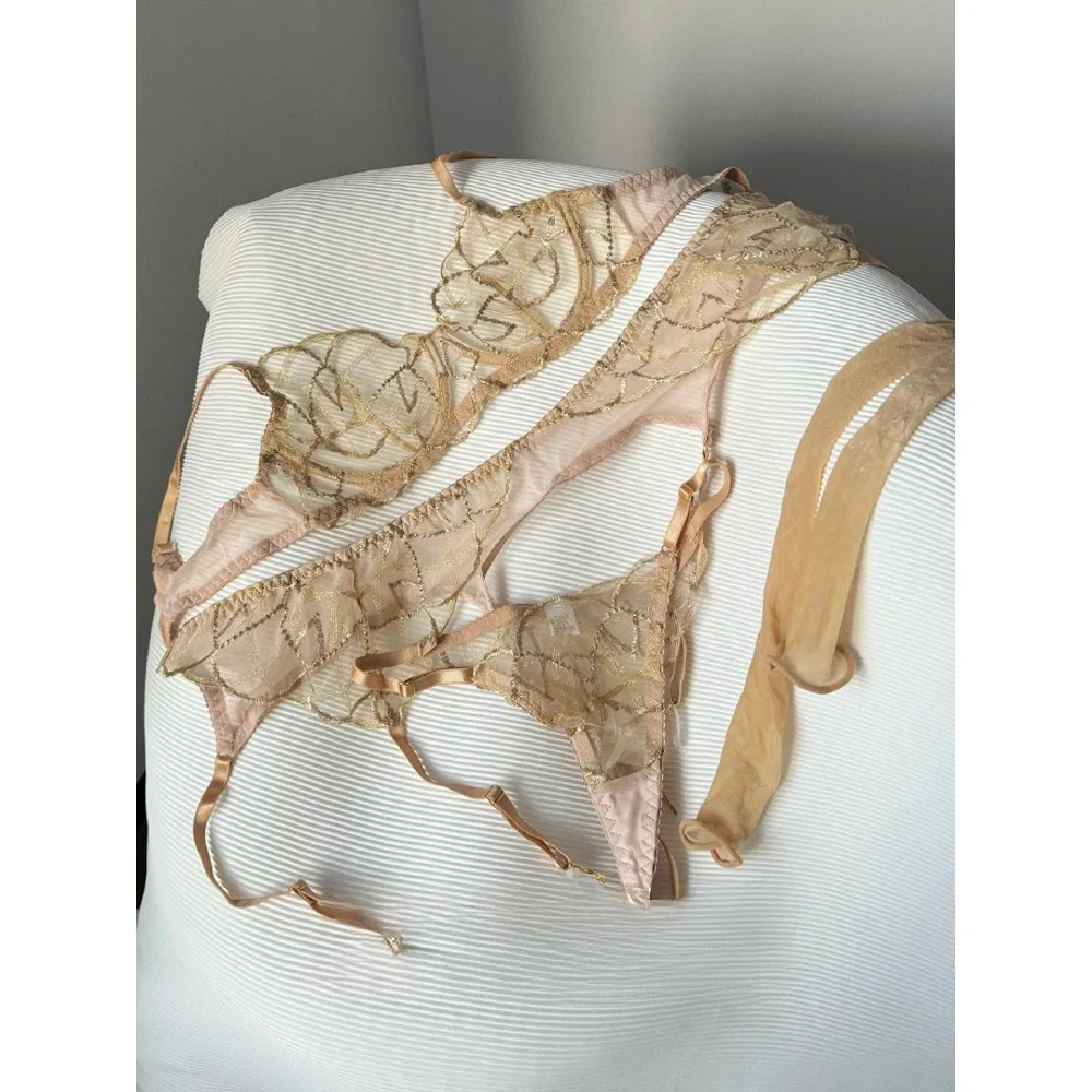 Luxury Lace Shiny Gold Embroidery Sexy Lingerie Set Women Bra + Thong Panties Transparent Erotic Night Party Intimate Underwear