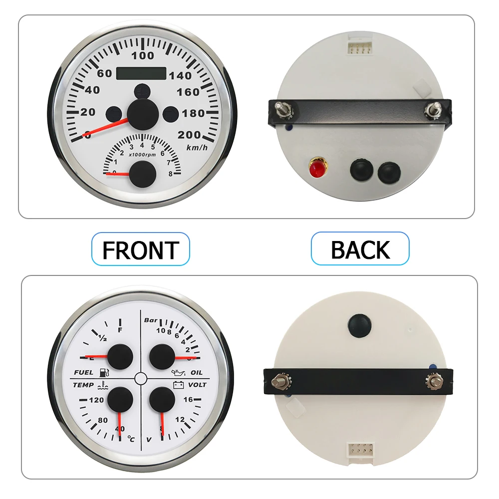 ELING Car Vessels 4 in1 Gauge Fuel Level Water Temp Oil Press Voltmeter 12V+85mm GPS Speedometer 200km/h with Tachometer 8000RPM