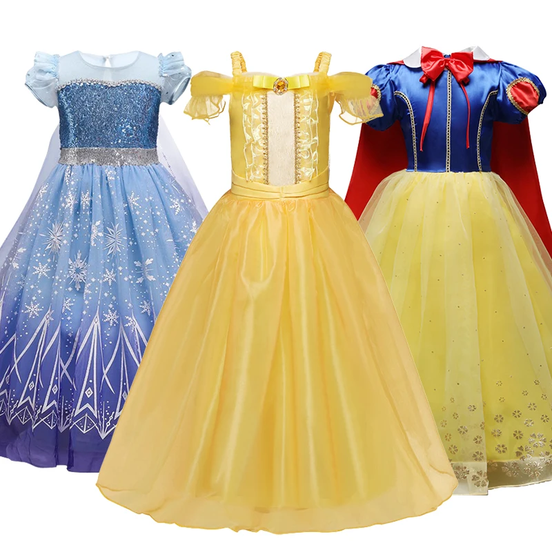 Disfraz de princesa Blancanieves para niñas, traje de malla en capas, sin hombros, con lentejuelas, capa hasta el tobillo de Elsa, ropa de Cosplay