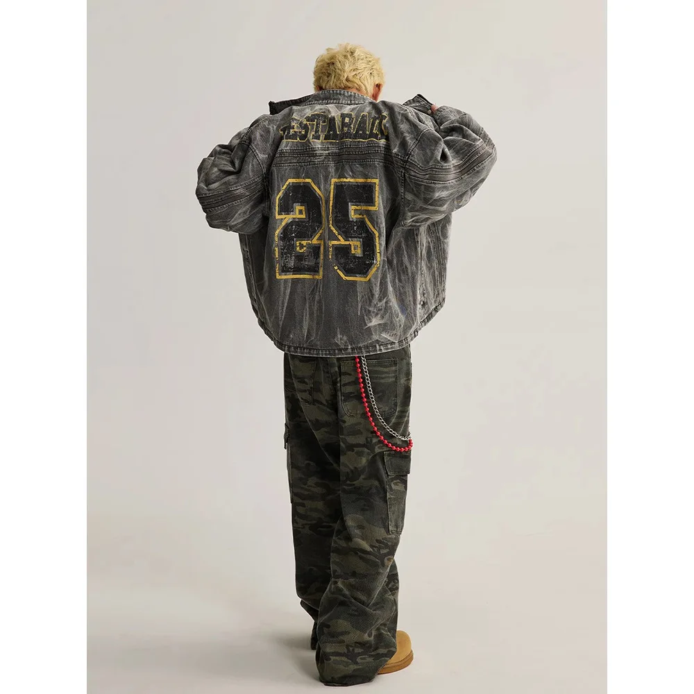 

Retro High Street Distressed Graffiti Print Denim Jacket Men's Spring Autumn New Loose Biker Style Coat with Destructed Details