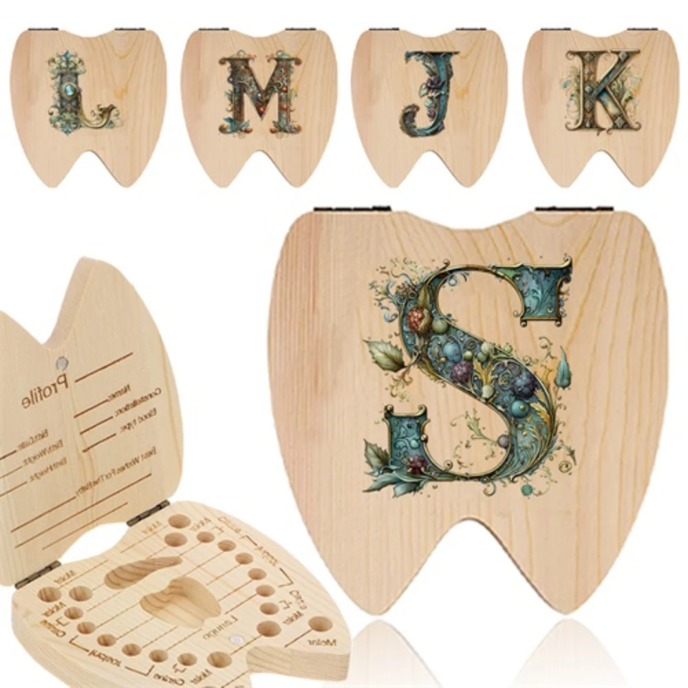 Milk Teeth Storage Case Children Wood Tooth Box Organizer Collect Teeth Umbilica Save Gift Kid Tooth Box Graphic Letter Pattern
