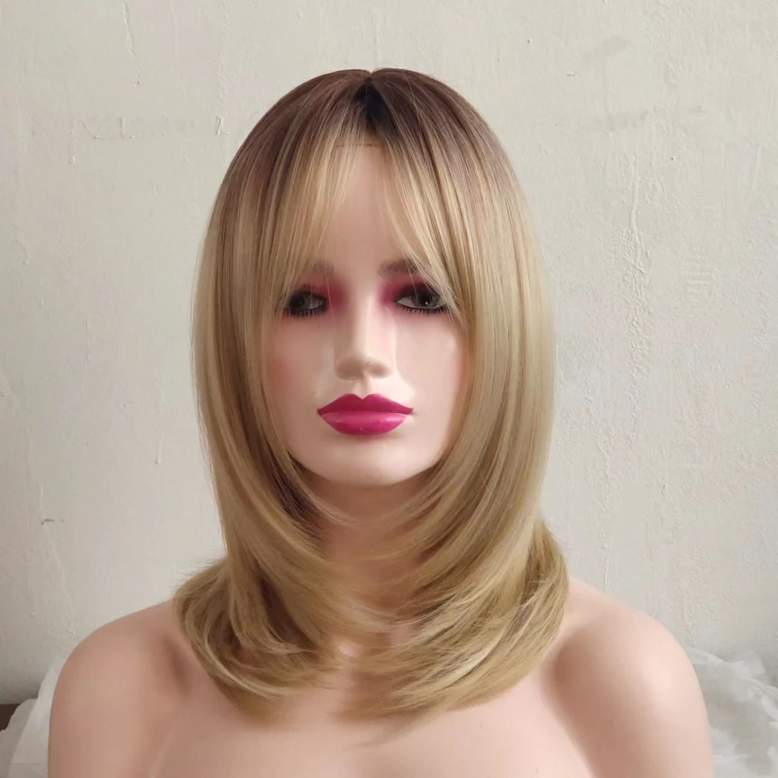 

New Women's Mid-Length Straight Hair Wig Bla Root adient Gold Color Cross-Border Best-Selling Hairpiece Heat-Tolerant Silk