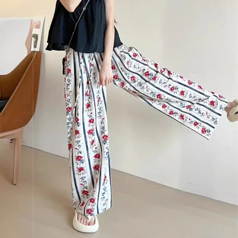 Floral Pants Women Retro Chinese Style Lazy Holiday Ice-silk Cozy All-match Personality Streetwear Spring Summer Trousers Ins