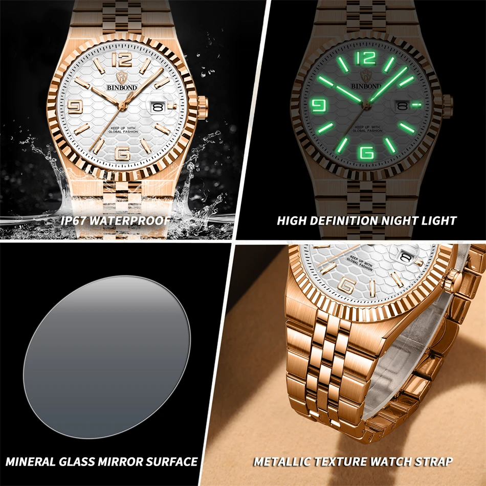 BINBOIND Orologio da polso casual alla moda per uomo Settimana Data Orologio da uomo in acciaio inossidabile Orologio da uomo al quarzo di lusso impermeabile luminoso + scatola