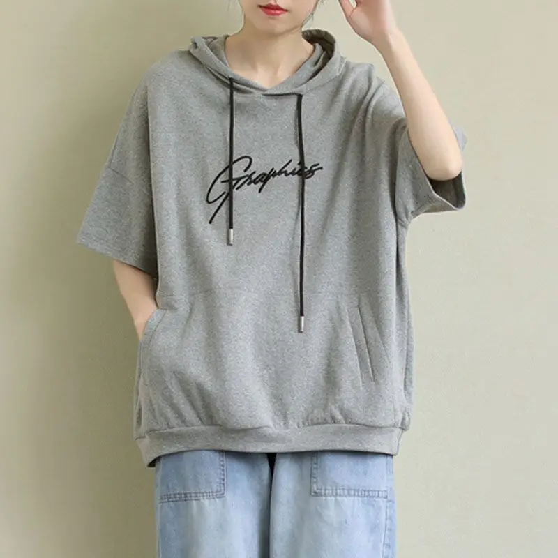 100% Cotton T Shirts Women Short-sleeved Embroidery Hooded T-shirt Summer Korean Style Loose Oversized Tops Fashion Trend Tshirt