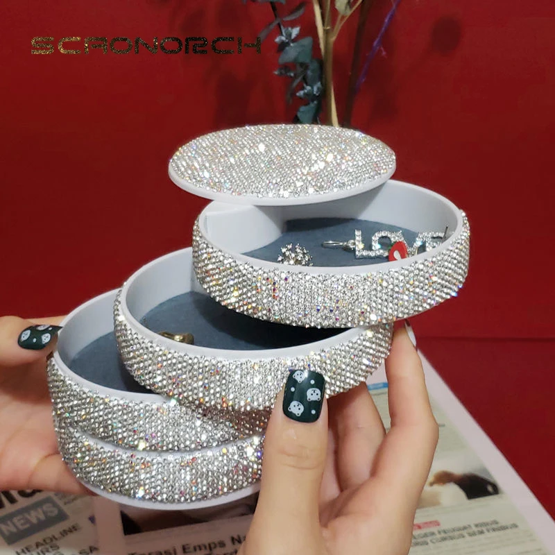 Luxury 4Layers Diamond Spin Jewelry Box Travel Portable Jewelry Organizer Box Earrings Ring Makeup Holder Ornaments Storage Case