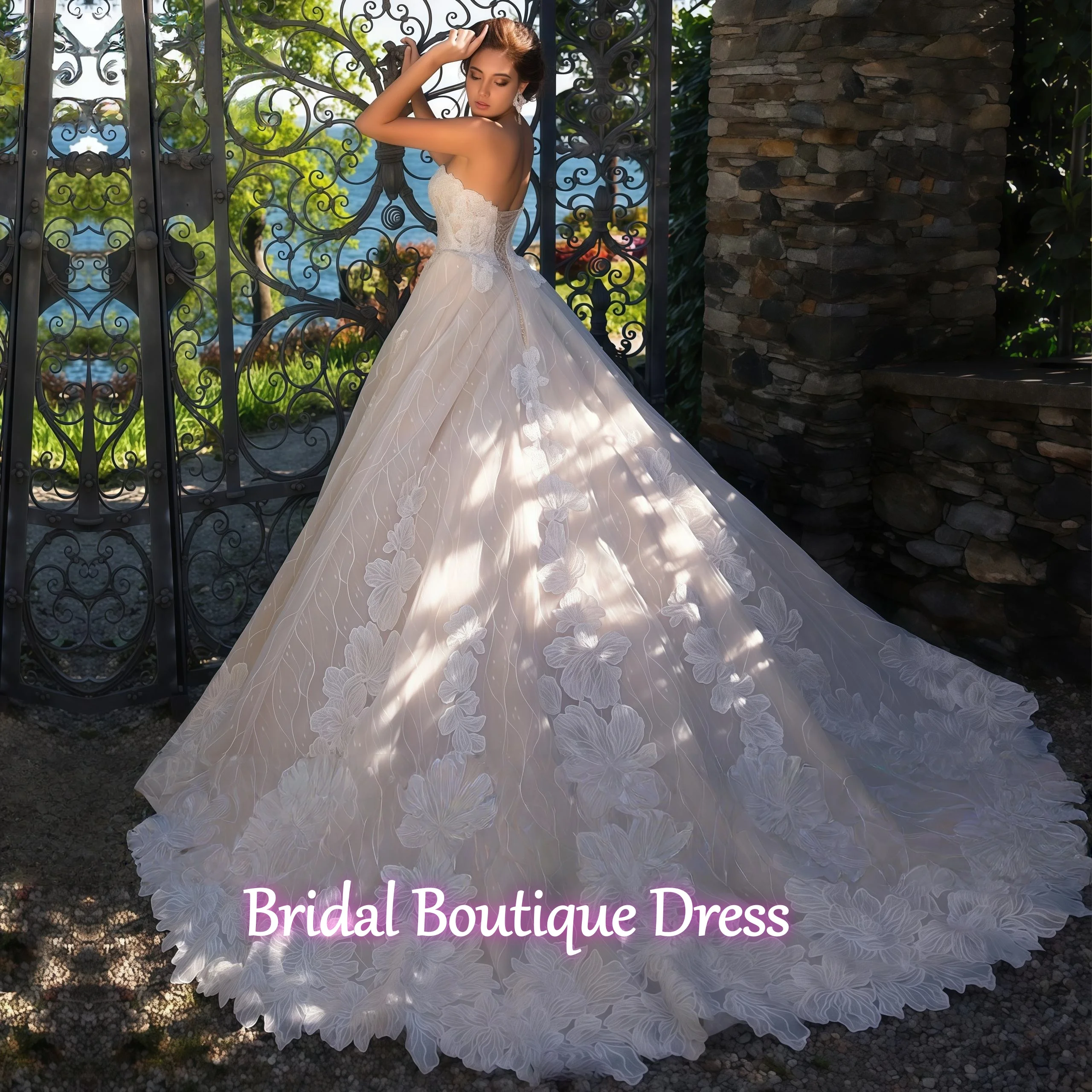 Customized Exquisite Sweetheart A Line Lace Wedding Dresses Applique Sleeveless Backless Bride Sweep Train Bridal Gown Train