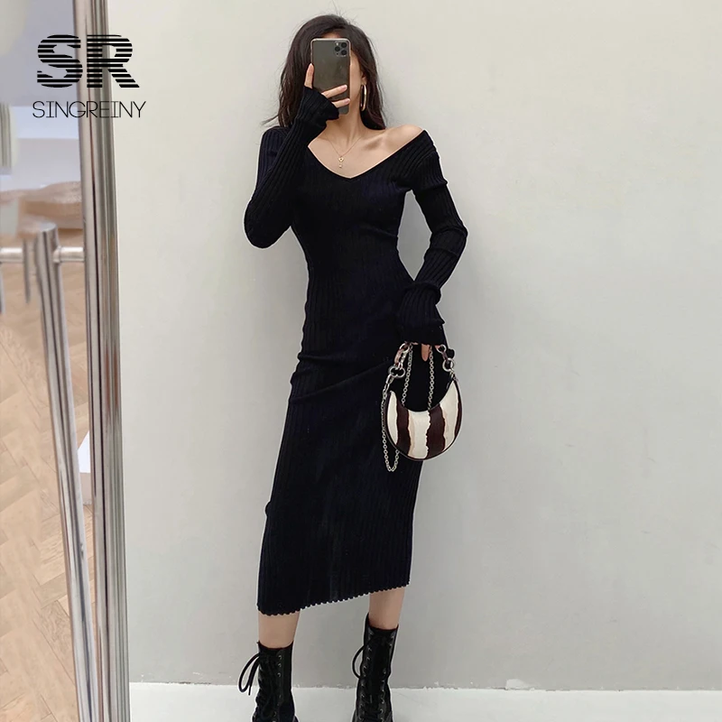 BabYoung Women Autumn Knitted V Neck Sexy Slim Elastic Oversized Basic Bodycon Sweater Winter Knit Warm Long Dress