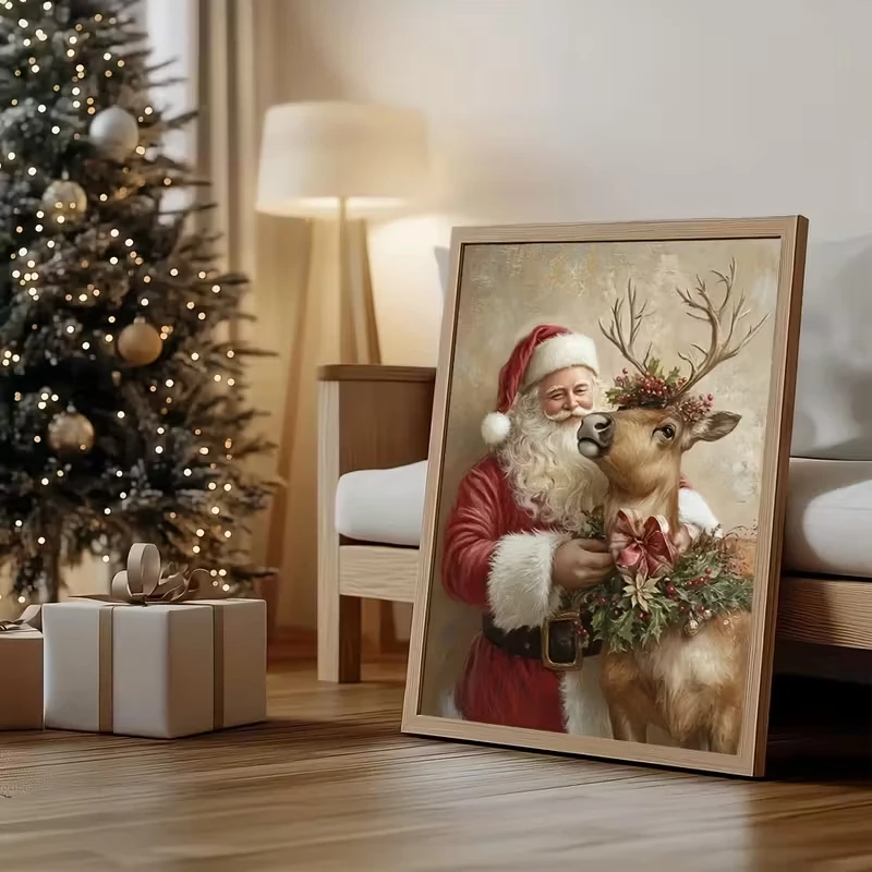 

Retro Santa Claus reindeer Christmas canvas poster wall Art simple Christmas festival decoration, New Year gift home decoration