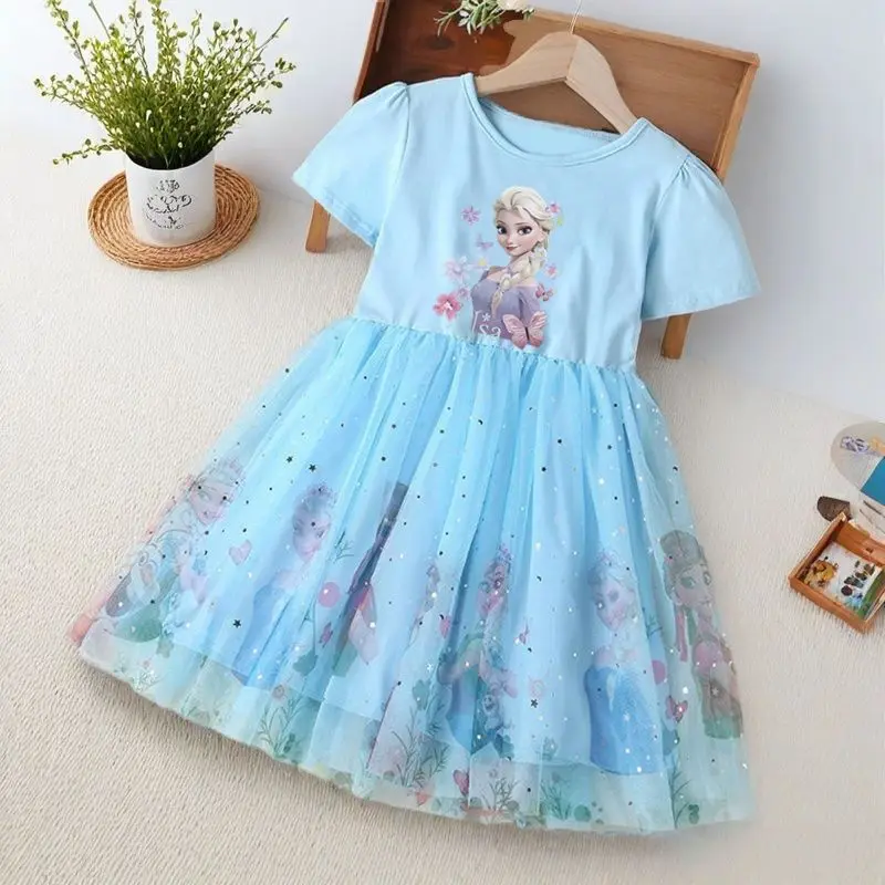 

Girls Dress 2025 New Summer Kids Clothes Children Frozen Elsa Princess Baby Girl Toddler Short Sleeve Cute Party Dresses Fashion