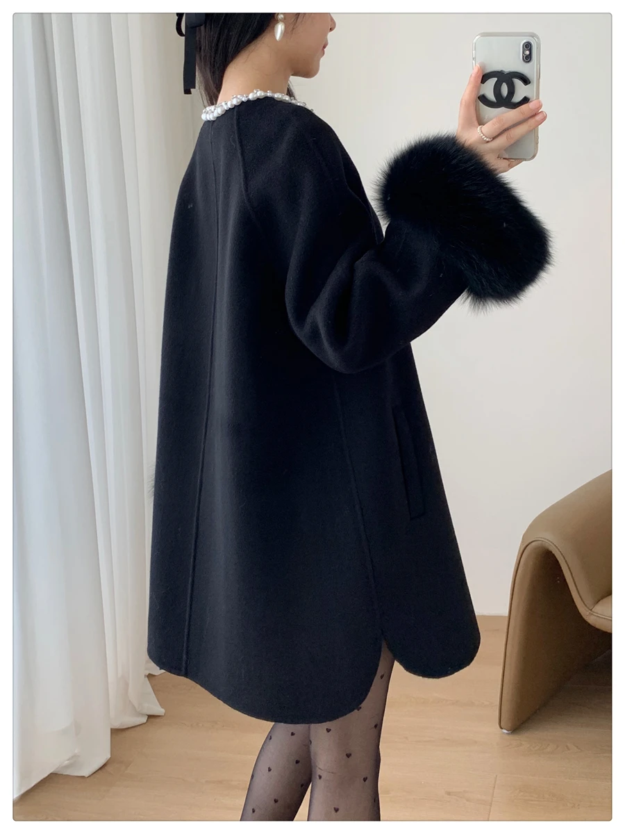 Women Cashmere Wool Woolen Coat Real Fox Fur Cuff Coat Winter Jacket Natural Fox Fur Collar Ladies Outerwear Streetwear