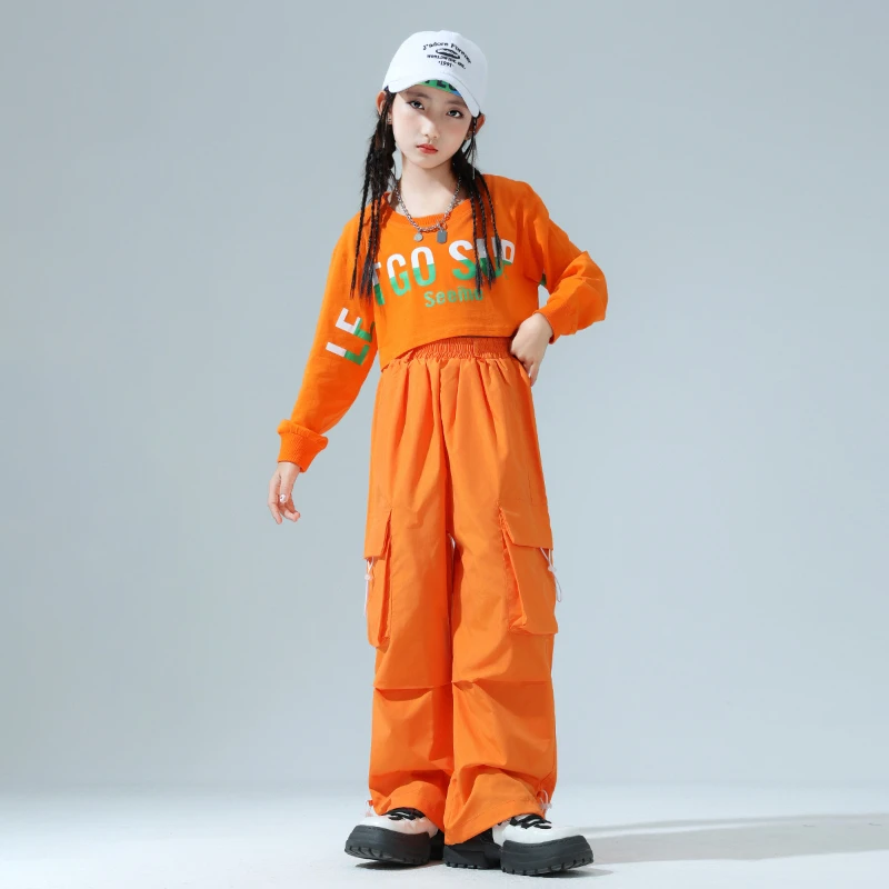Neue Jazz Dance Kleidung Mode Mädchen Orange Crop Tops Cargo Hosen Streetwear Sets Gruppe Hip Hop Leistung Outfit Bühne Kostüm